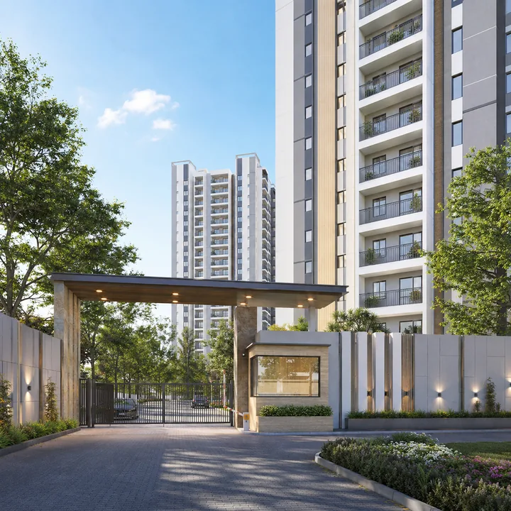 Prestige Chandapura tower exterior at the gated arrival court